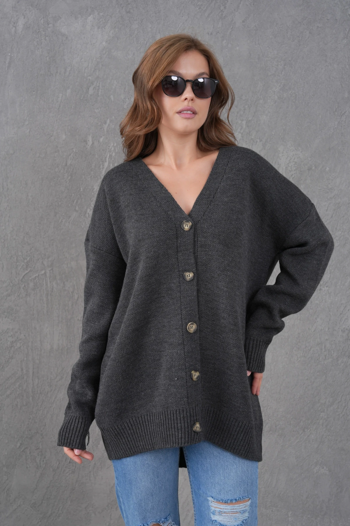 Kadın V Yaka Düğme Kapama Oversize Uzun Triko Hırka 8596