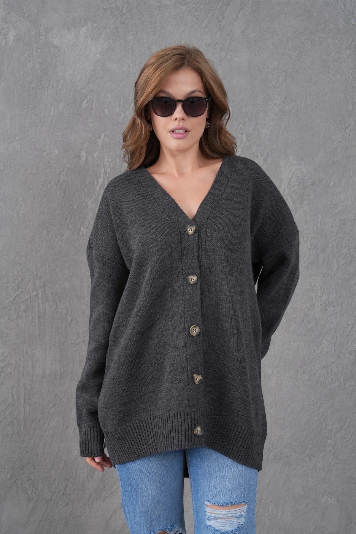 Kadın V Yaka Düğme Kapama Oversize Uzun Triko Hırka 8596