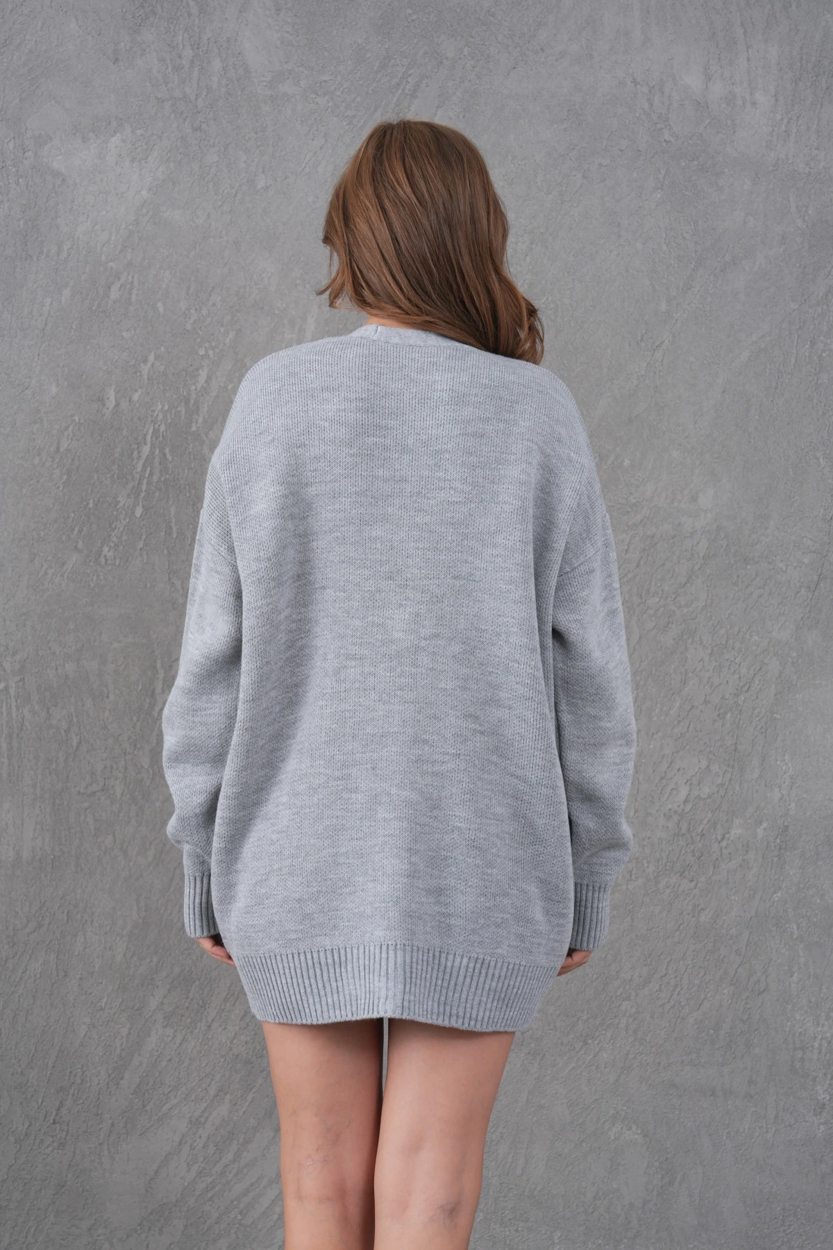 Kadın V Yaka Düğme Kapama Oversize Uzun Triko Hırka 8596