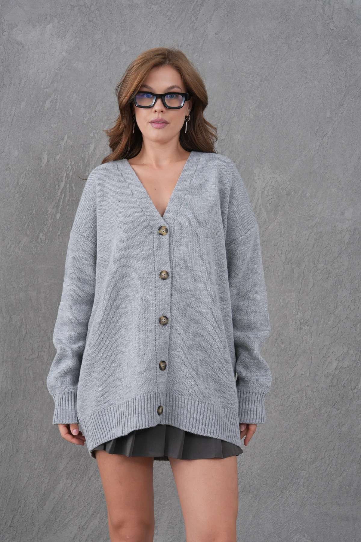 Kadın V Yaka Düğme Kapama Oversize Uzun Triko Hırka 8596