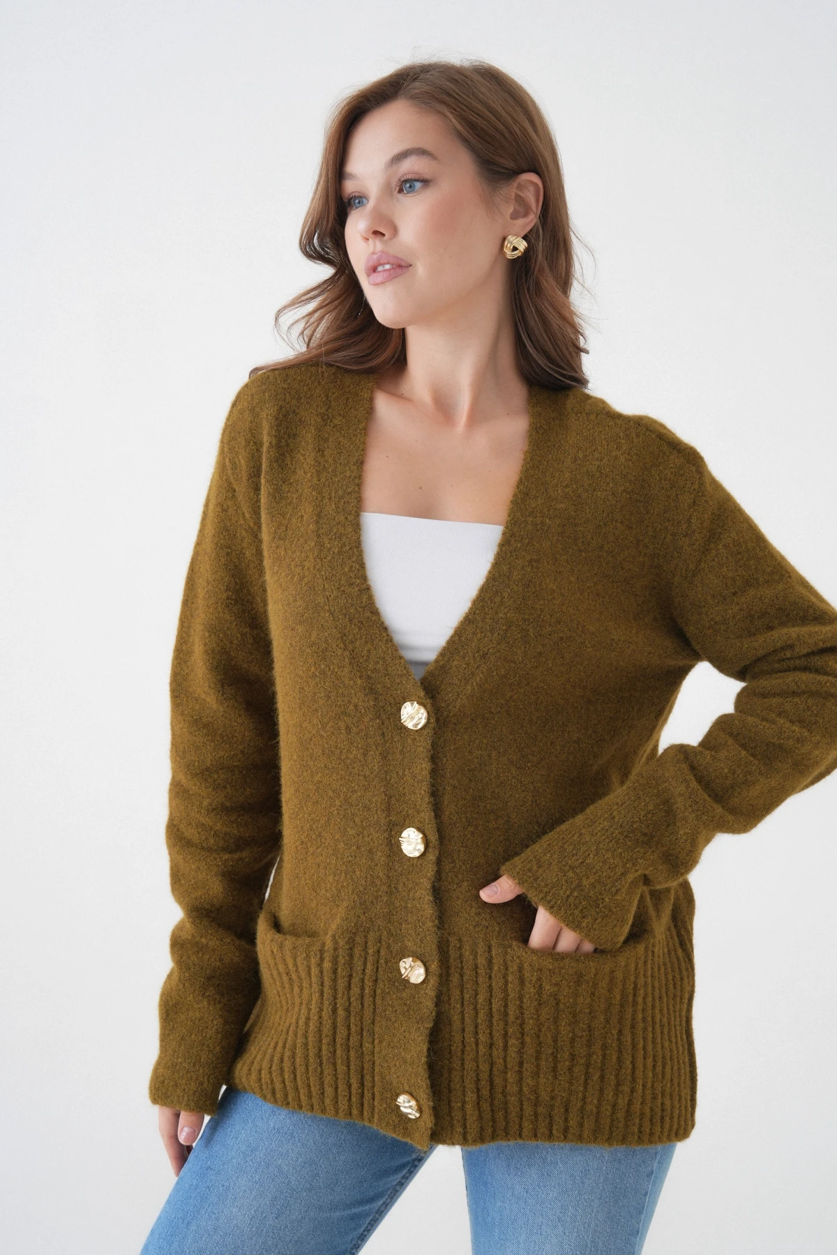 Kadın V Yaka Düğme Kapama Yün Karışımlı Şardonlu Oversize Triko Hırka 8641Sw