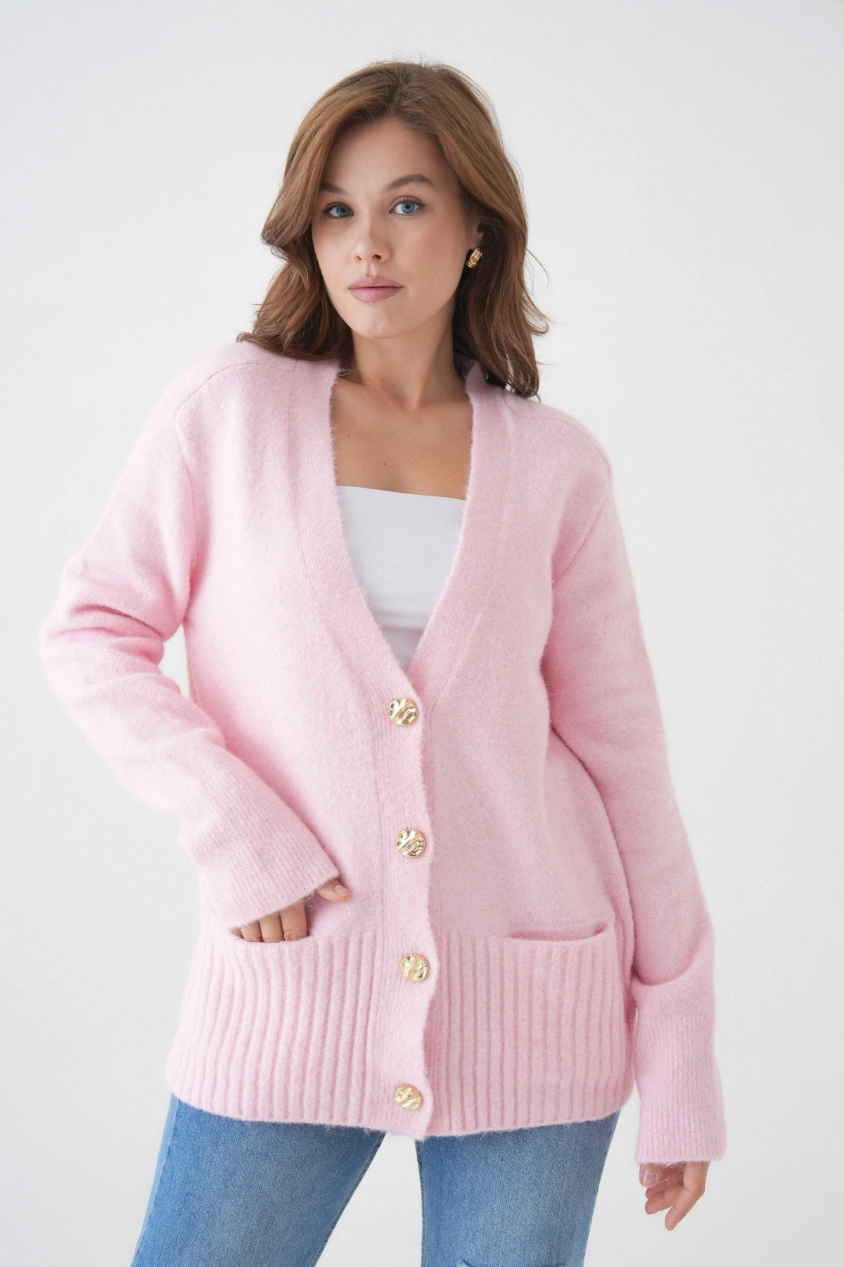 Kadın V Yaka Düğme Kapama Yün Karışımlı Şardonlu Oversize Triko Hırka 8641Sw