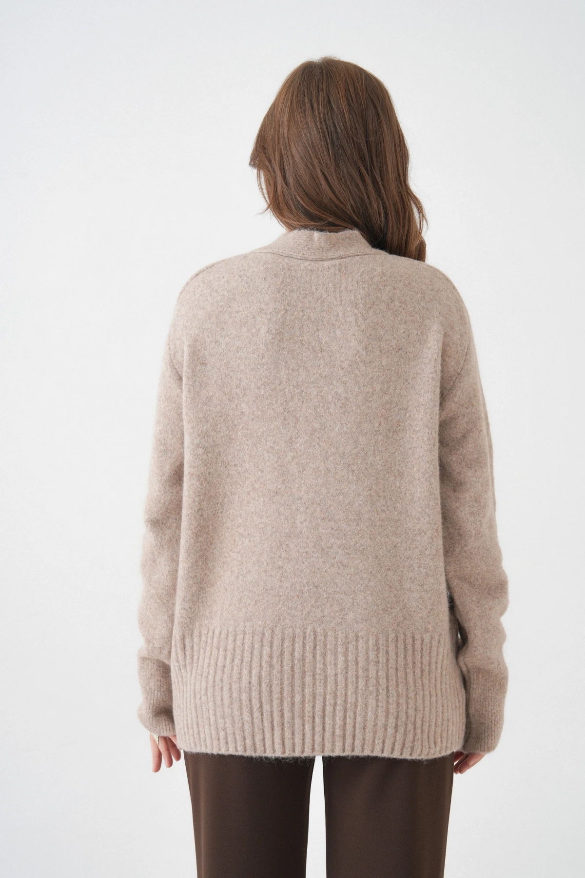 Kadın V Yaka Düğme Kapama Yün Karışımlı Şardonlu Oversize Triko Hırka 8641Sw