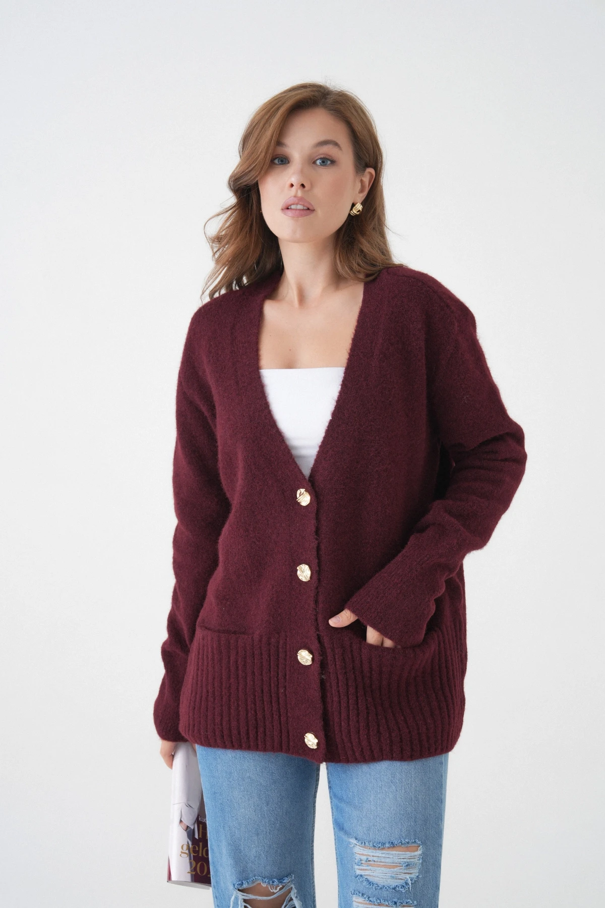 Kadın V Yaka Düğme Kapama Yün Karışımlı Şardonlu Oversize Triko Hırka 8641Sw