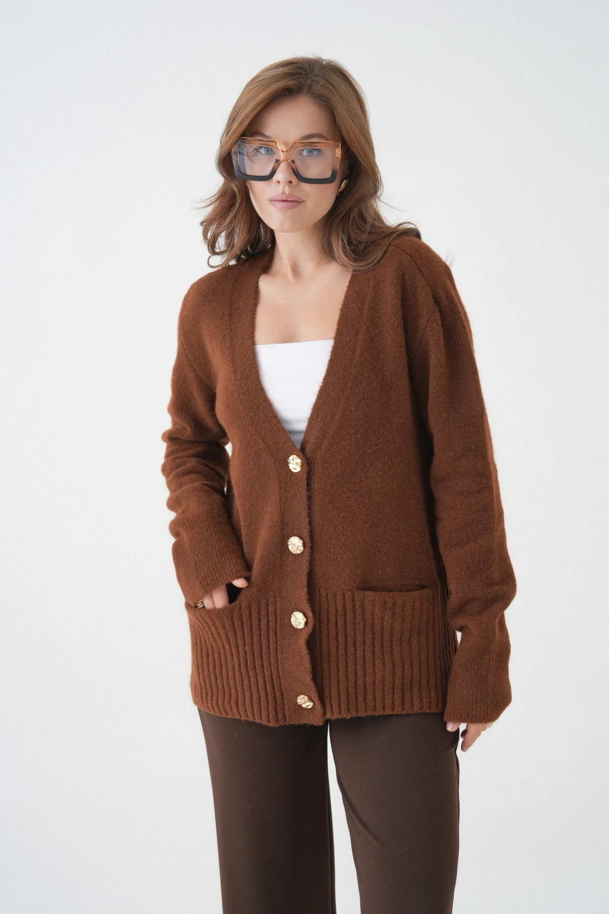 Kadın V Yaka Düğme Kapama Yün Karışımlı Şardonlu Oversize Triko Hırka 8641Sw