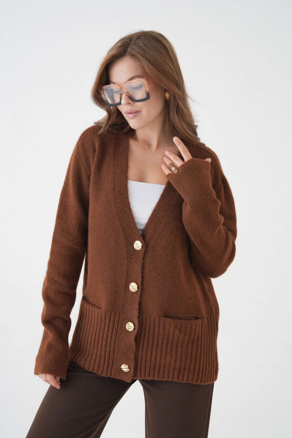 Kadın V Yaka Düğme Kapama Yün Karışımlı Şardonlu Oversize Triko Hırka 8641Sw