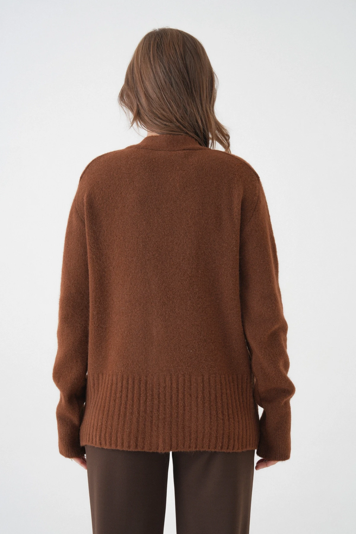 Kadın V Yaka Düğme Kapama Yün Karışımlı Şardonlu Oversize Triko Hırka 8641Sw