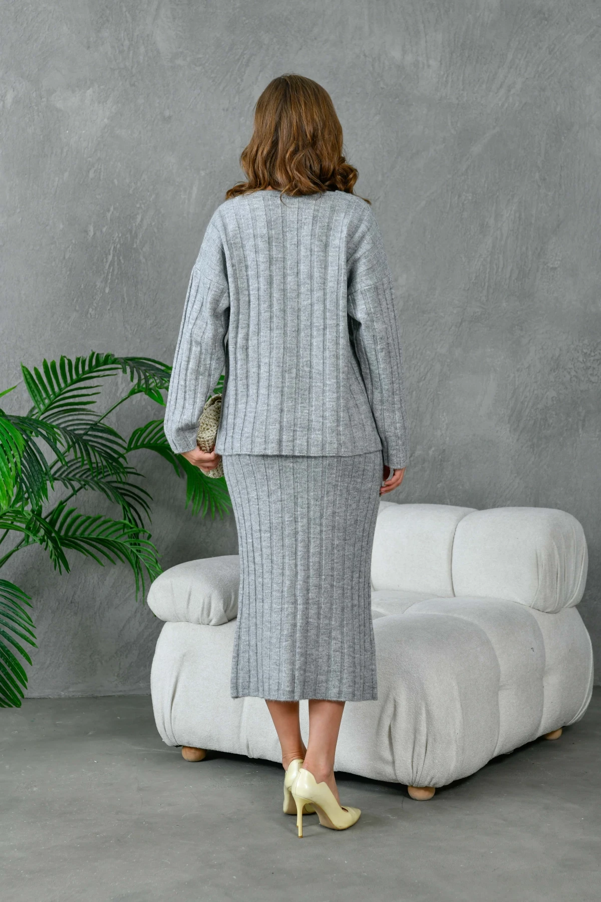 Kadın V Yaka Fitilli Kazak Etek İkili Triko Takım