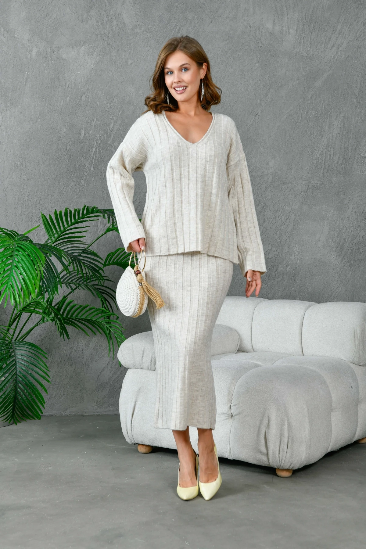 Kadın V Yaka Fitilli Kazak Etek İkili Triko Takım