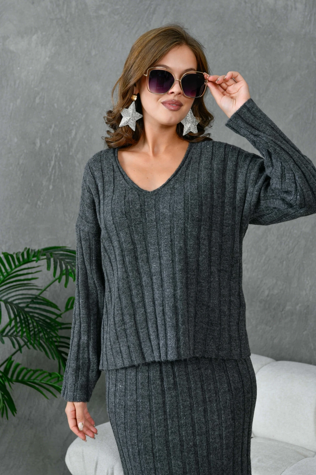 Kadın V Yaka Fitilli Kazak Etek İkili Triko Takım