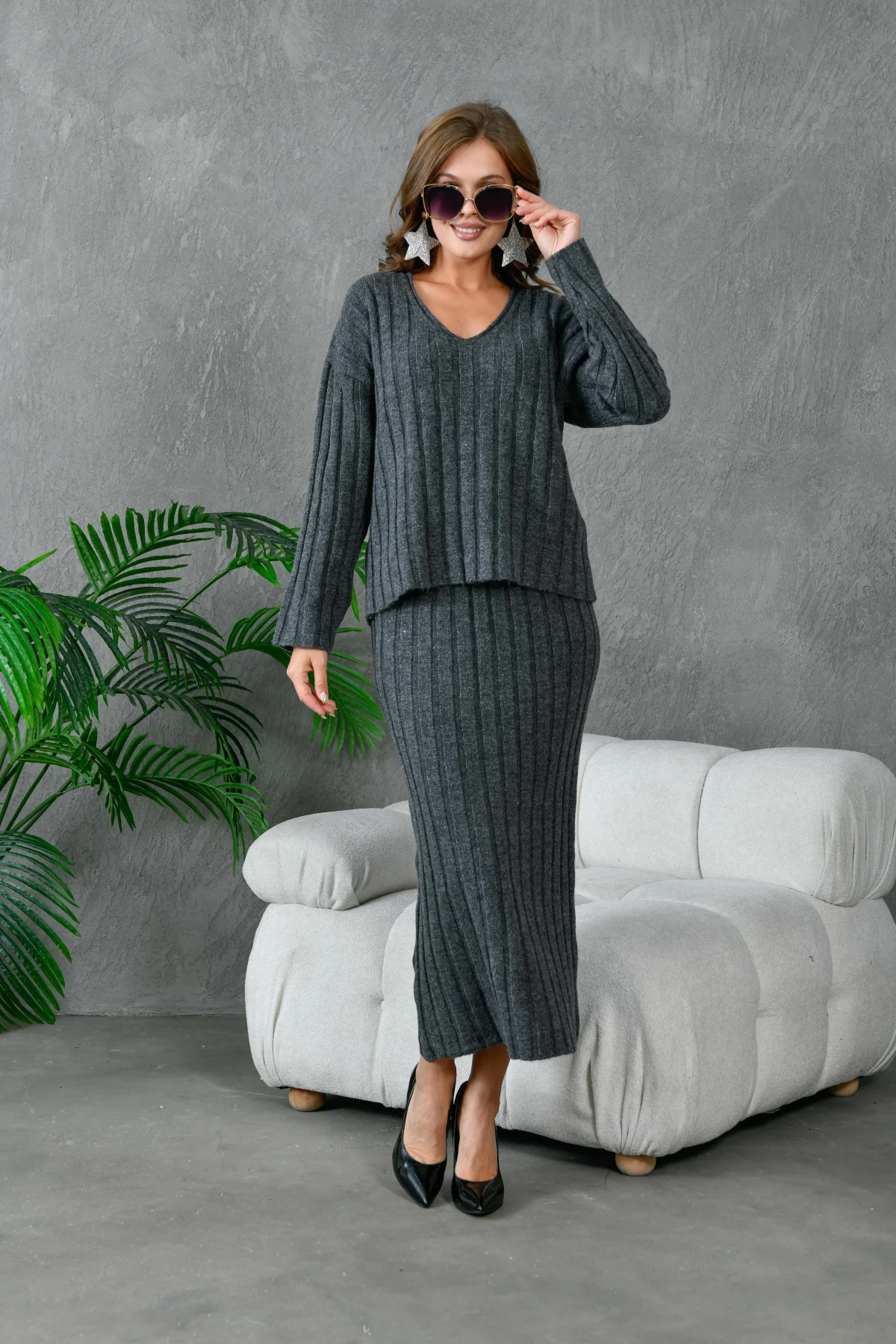 Kadın V Yaka Fitilli Kazak Etek İkili Triko Takım