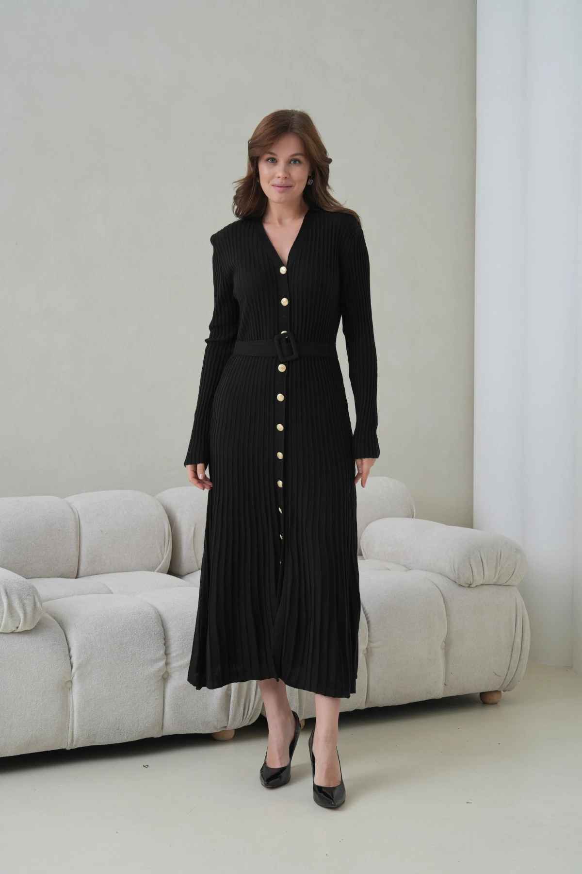 Kadın V Yaka Ful Düğme Kapama Kemer Detay Maksi Boy Fitilli Triko Elbise