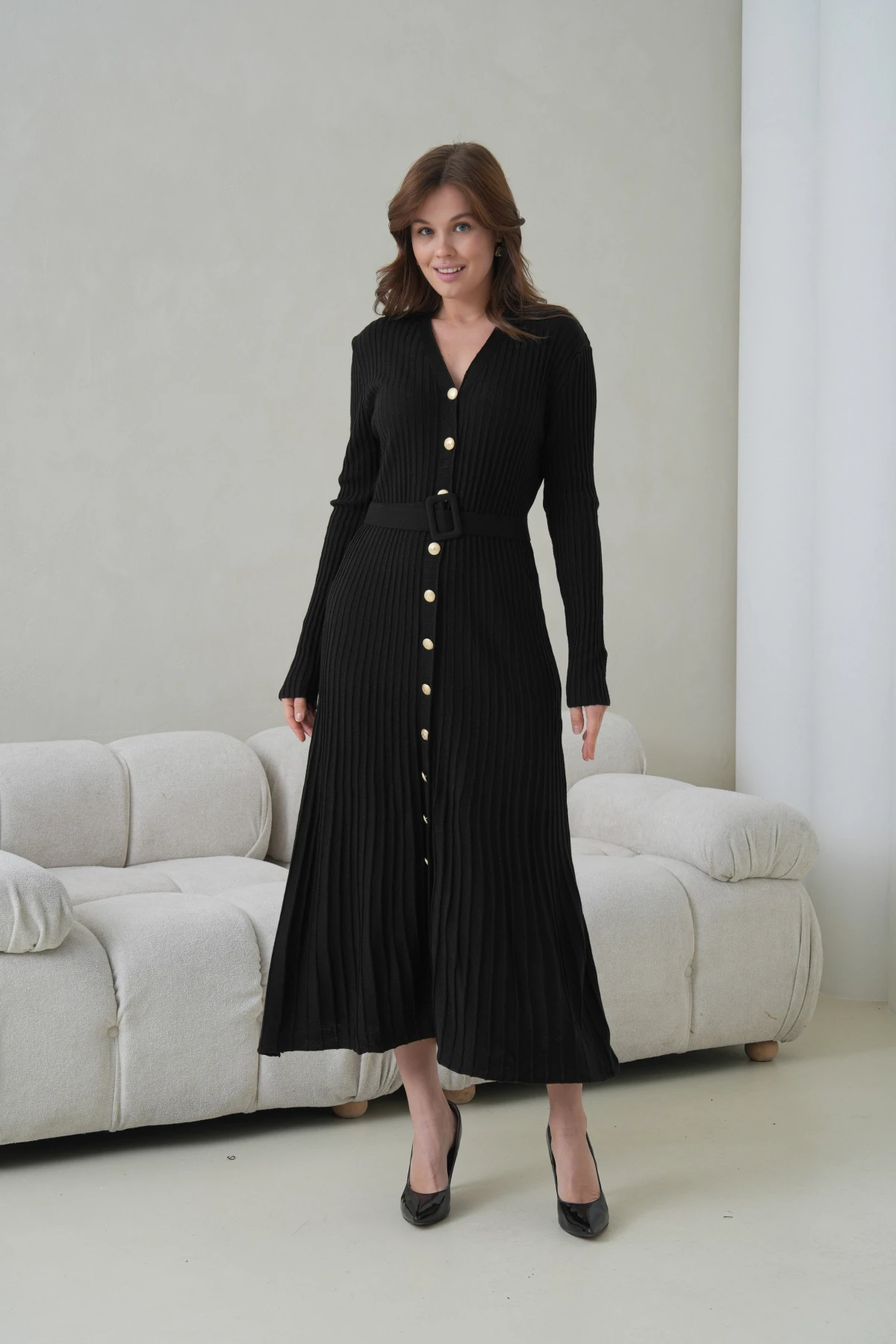 Kadın V Yaka Ful Düğme Kapama Kemer Detay Maksi Boy Fitilli Triko Elbise