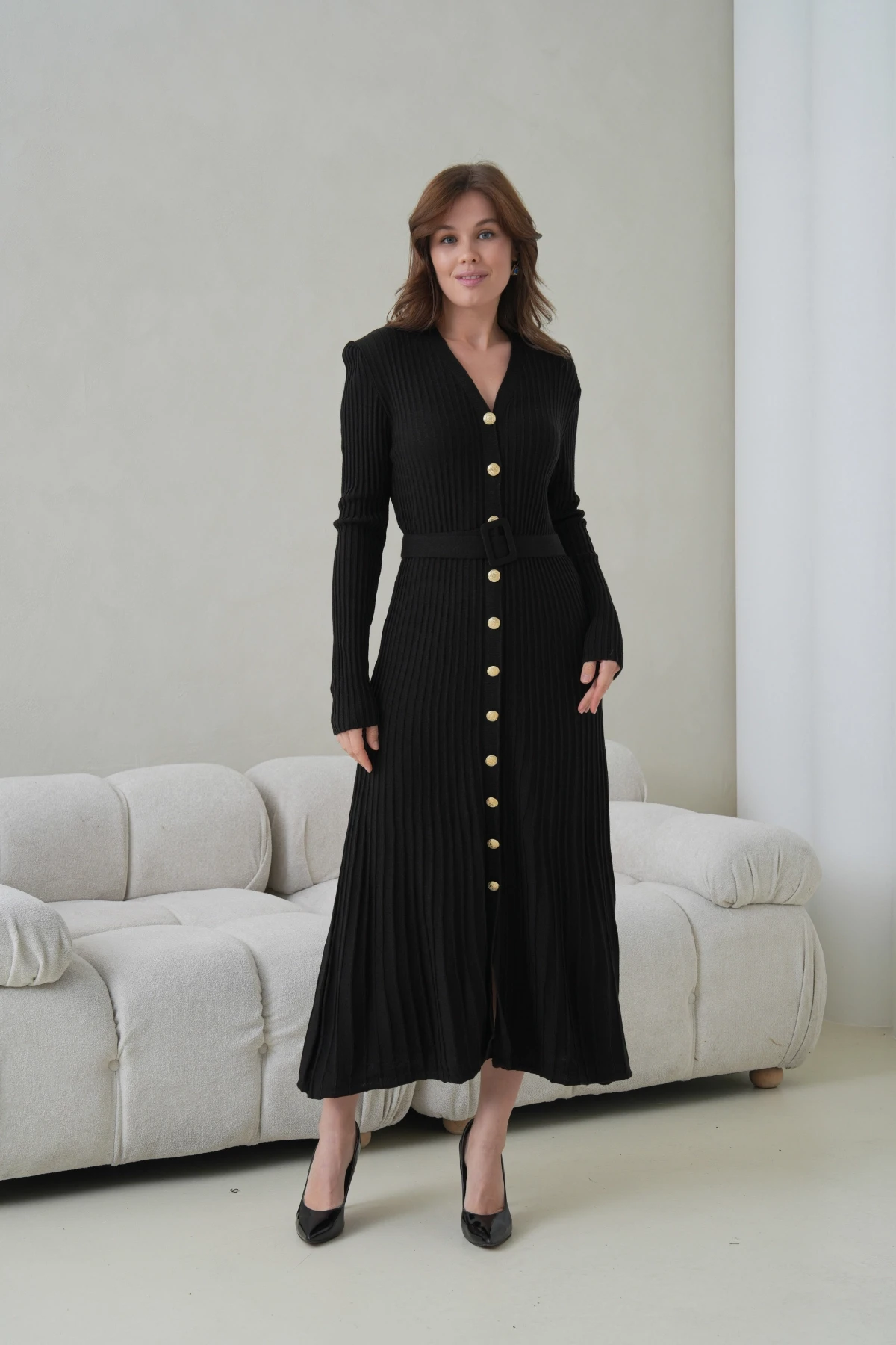 Kadın V Yaka Ful Düğme Kapama Kemer Detay Maksi Boy Fitilli Triko Elbise