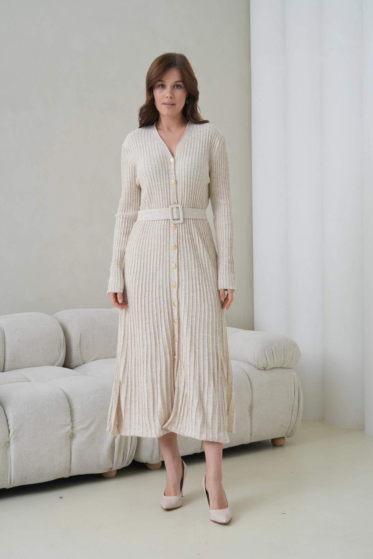 Kadın V Yaka Ful Düğme Kapama Kemer Detay Maksi Boy Fitilli Triko Elbise