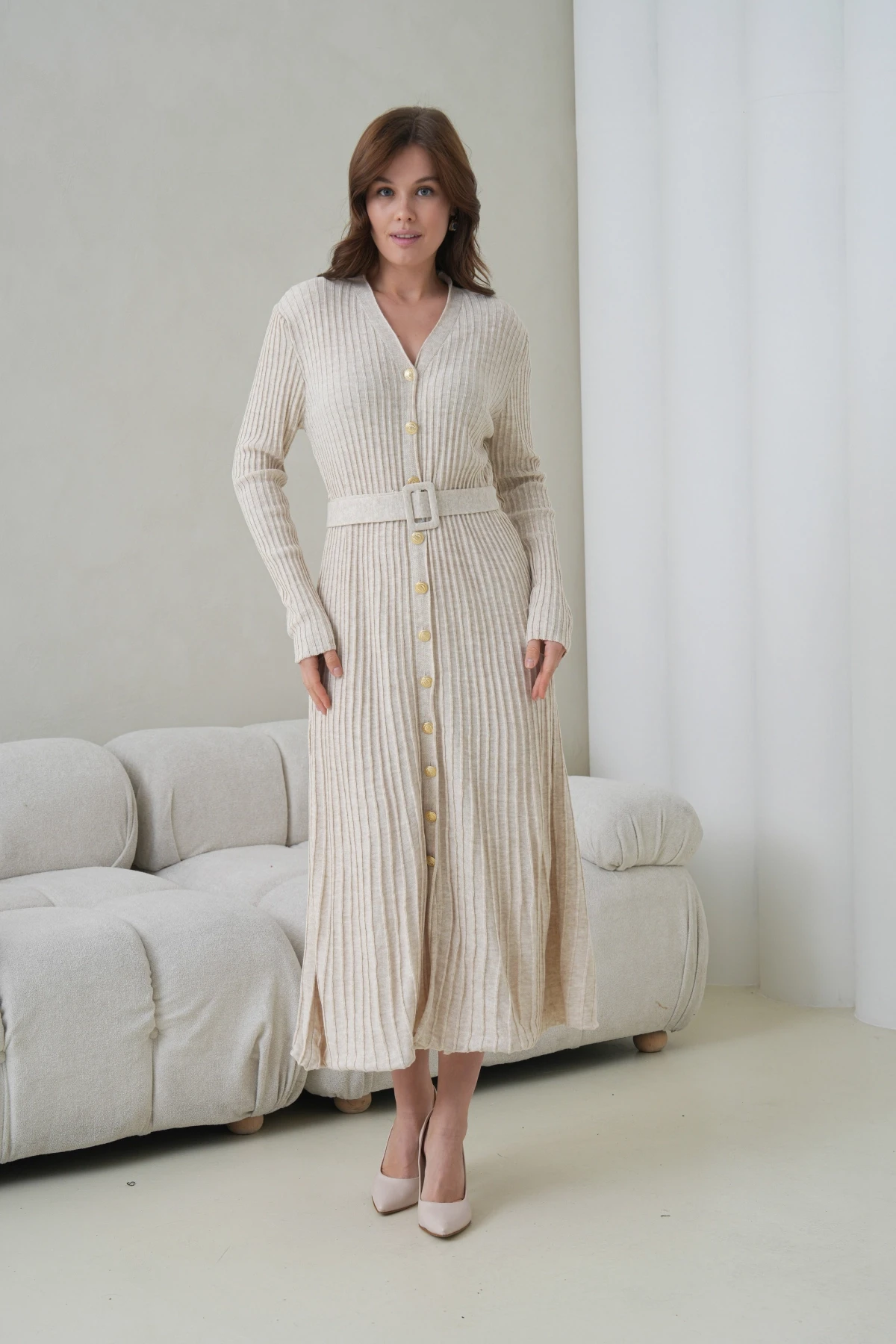 Kadın V Yaka Ful Düğme Kapama Kemer Detay Maksi Boy Fitilli Triko Elbise