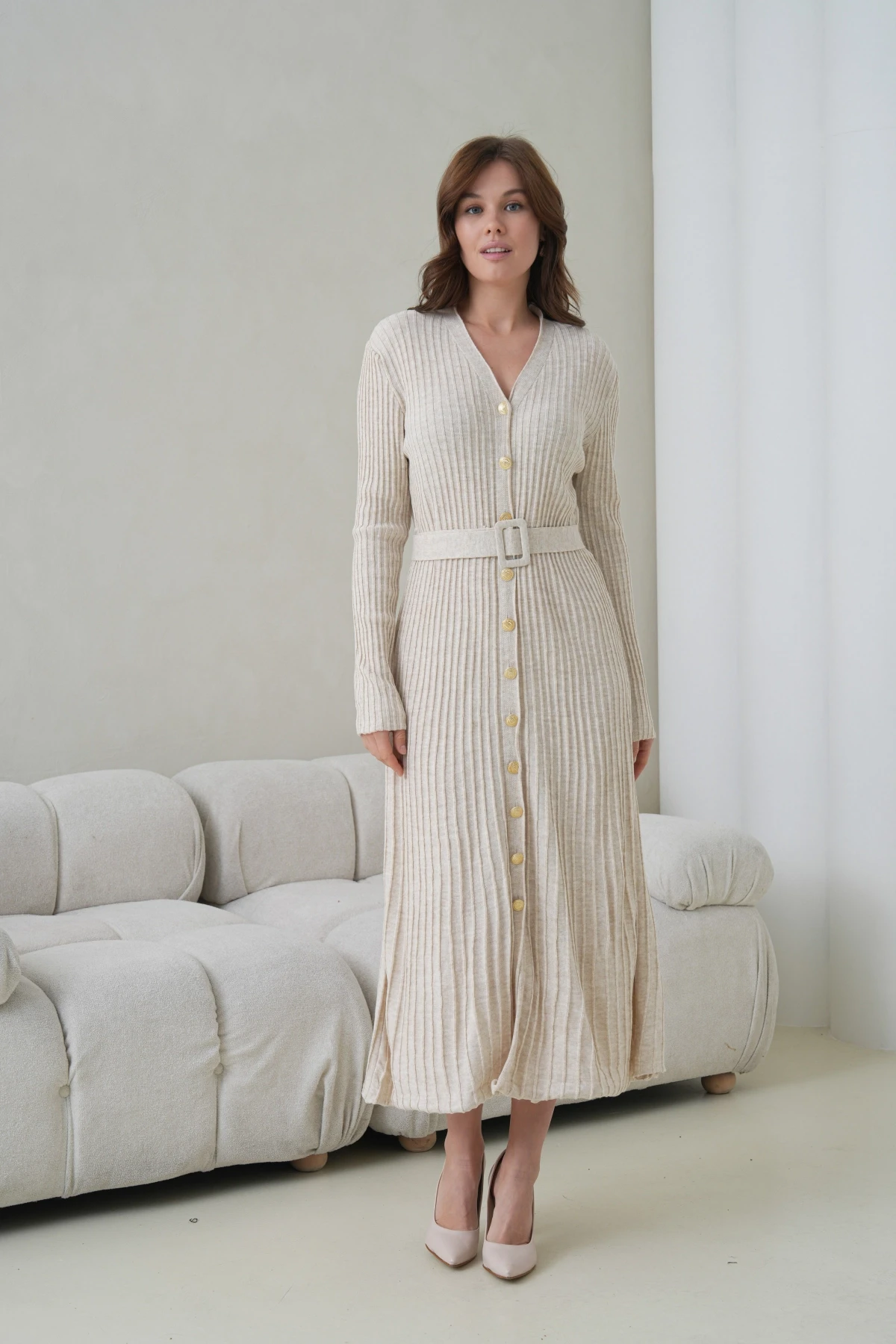 Kadın V Yaka Ful Düğme Kapama Kemer Detay Maksi Boy Fitilli Triko Elbise