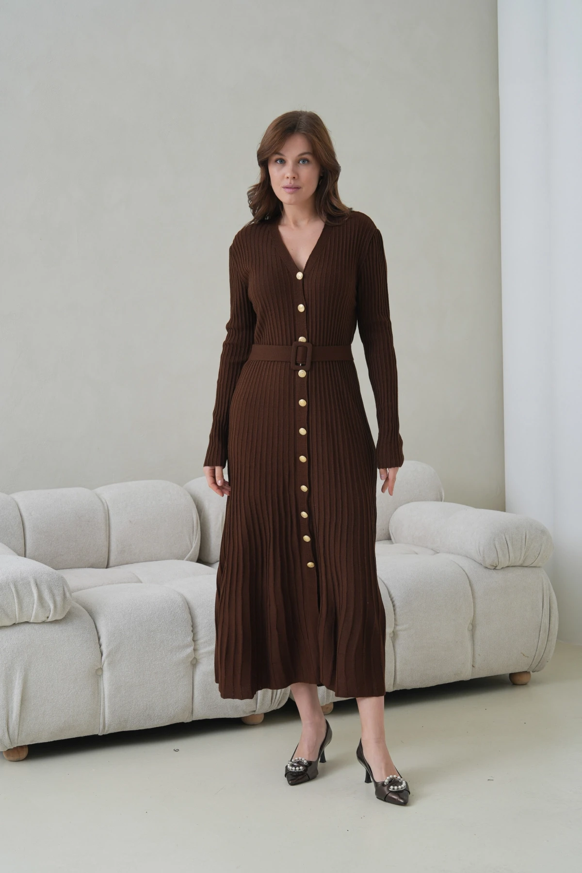 Kadın V Yaka Ful Düğme Kapama Kemer Detay Maksi Boy Fitilli Triko Elbise