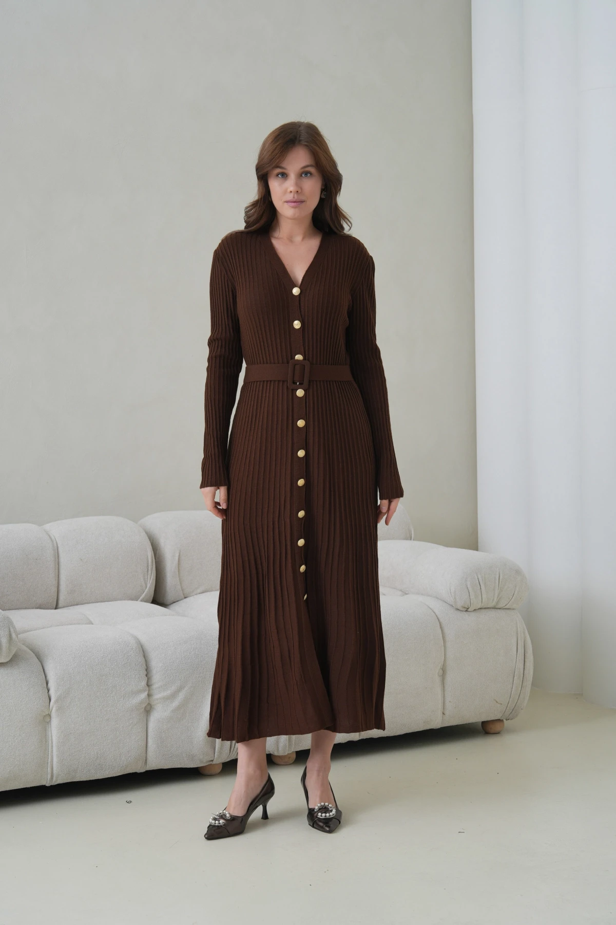 Kadın V Yaka Ful Düğme Kapama Kemer Detay Maksi Boy Fitilli Triko Elbise