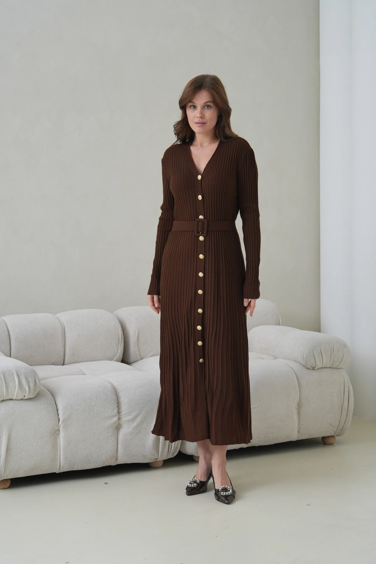 Kadın V Yaka Ful Düğme Kapama Kemer Detay Maksi Boy Fitilli Triko Elbise