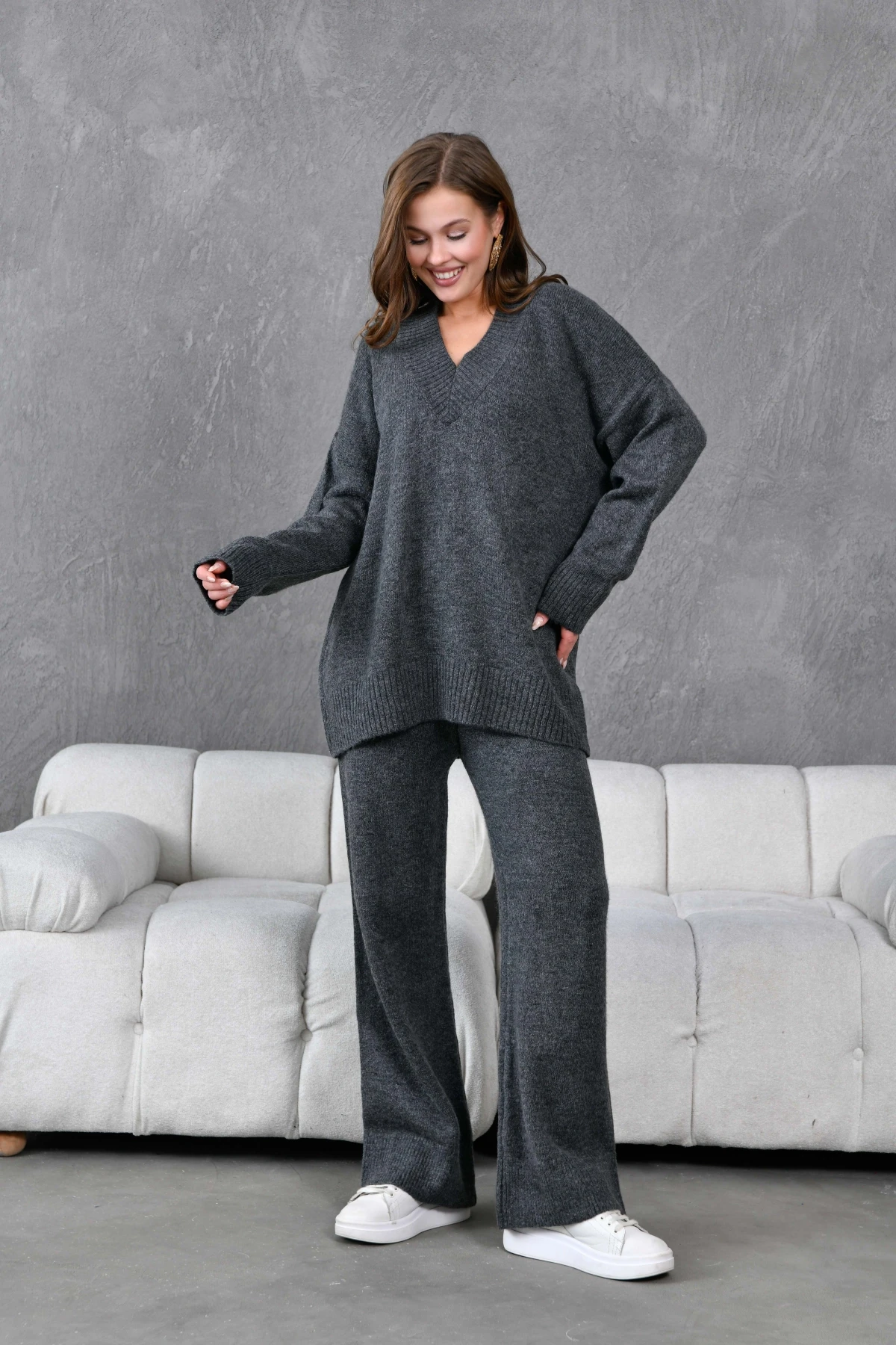 Kadın V Yaka Örgü Detay Oversize Kazak Pantolon İkili Triko Takım