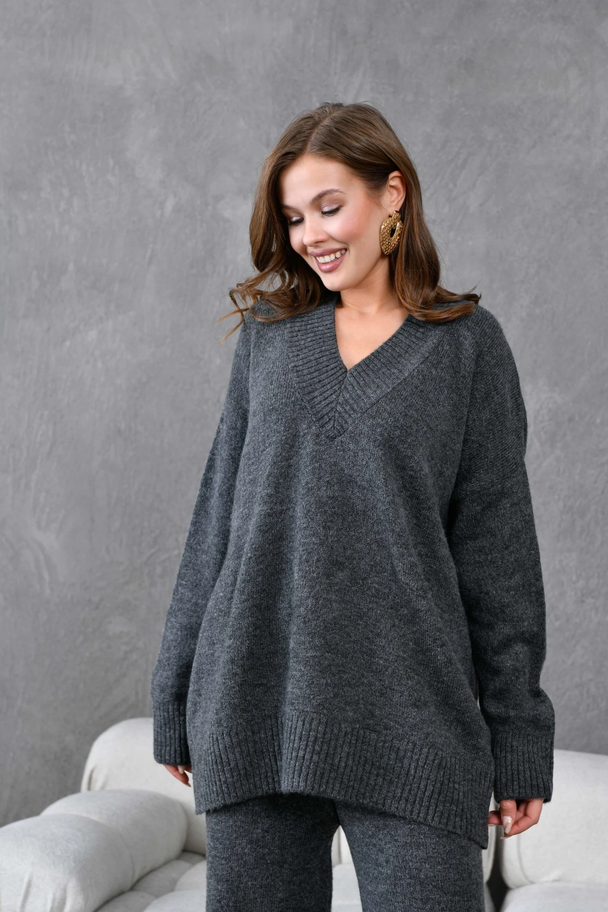 Kadın V Yaka Örgü Detay Oversize Kazak Pantolon İkili Triko Takım