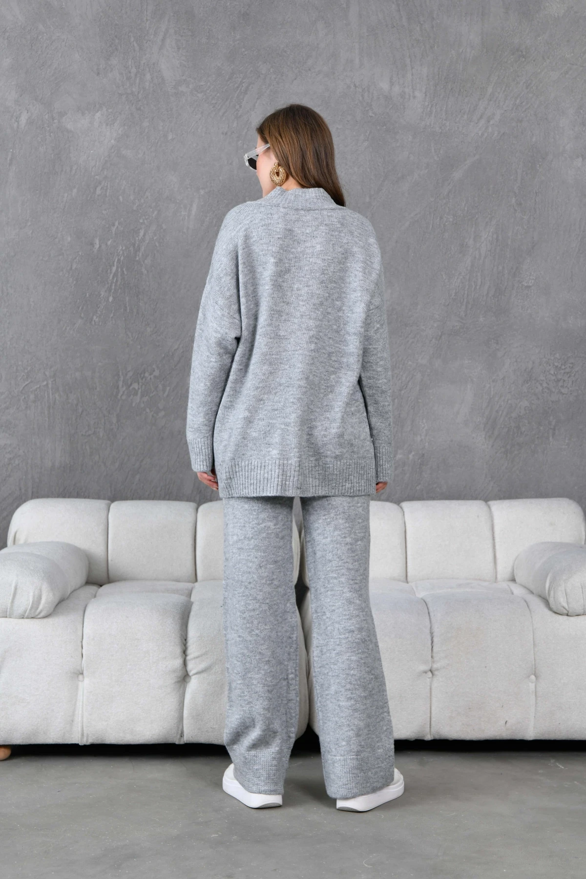 Kadın V Yaka Örgü Detay Oversize Kazak Pantolon İkili Triko Takım