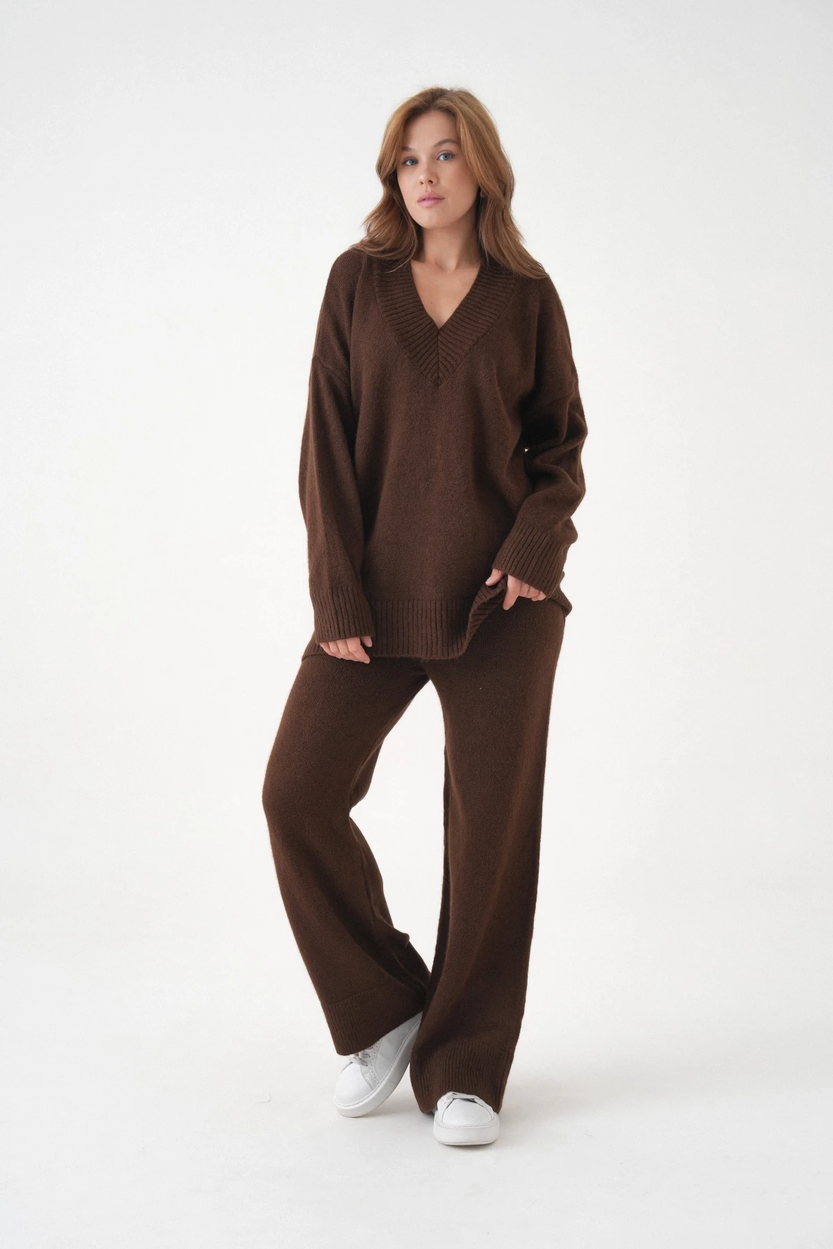 Kadın V Yaka Örgü Detay Oversize Kazak Pantolon İkili Triko Takım