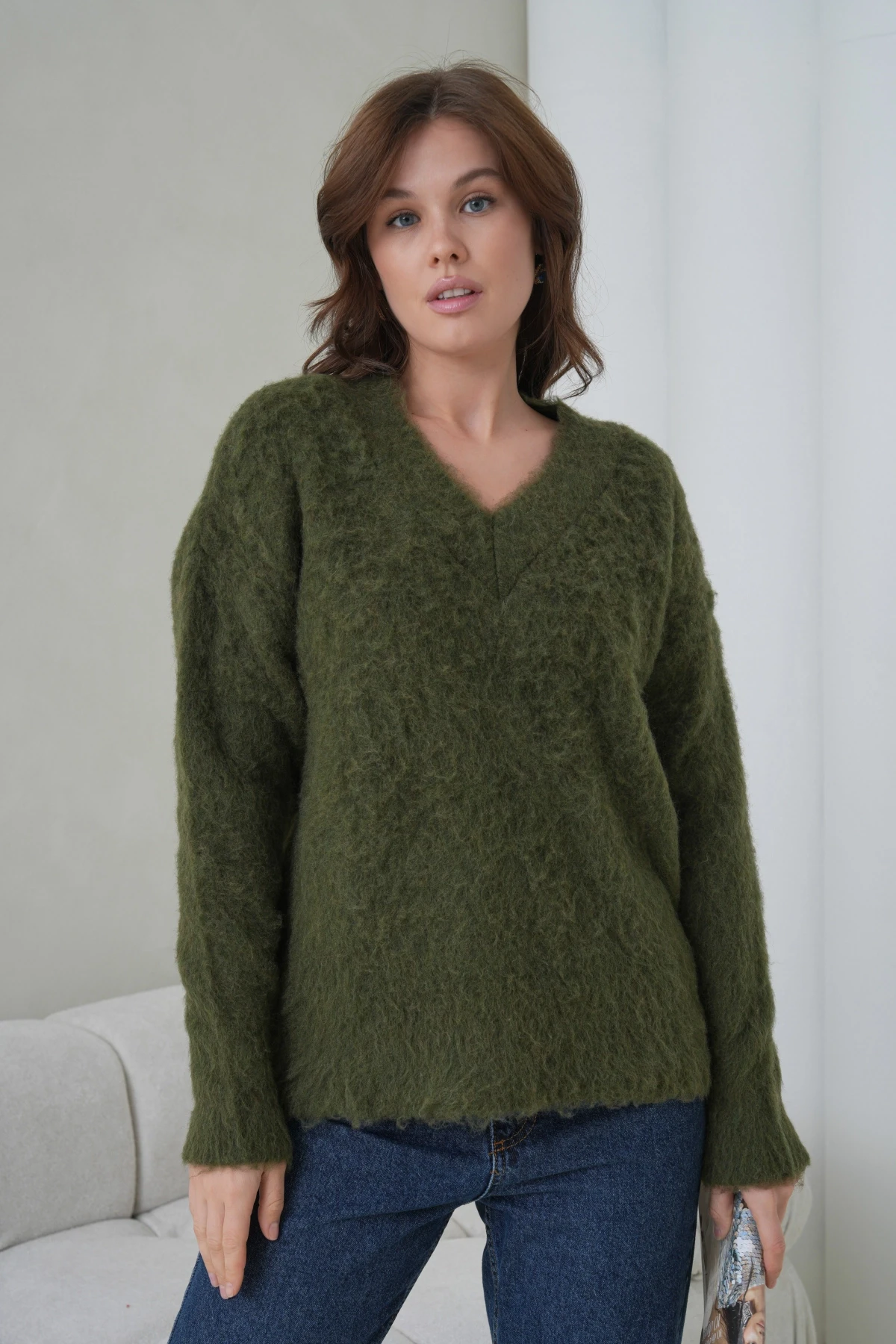 Kadın V Yaka Sakal Dokulu Şardonlu Oversize Triko Kazak 8695