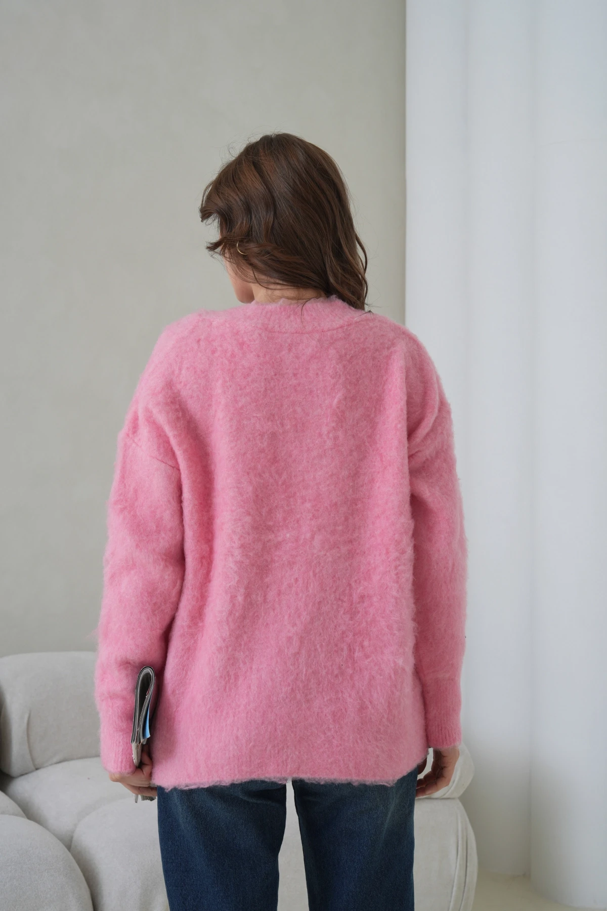 Kadın V Yaka Sakal Dokulu Şardonlu Oversize Triko Kazak 8695