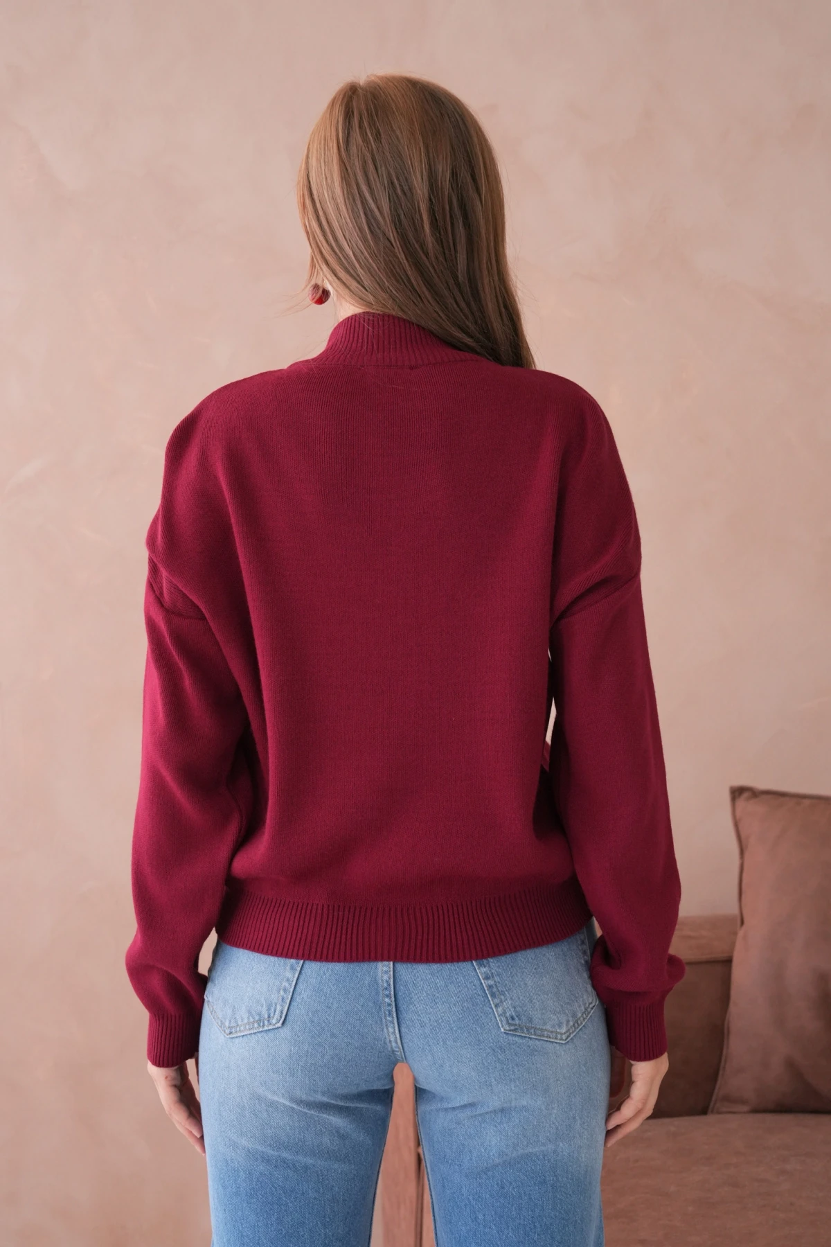 Kadın Yarım Balıkçı Yaka Fermuar Detay Oversize Triko Kazak