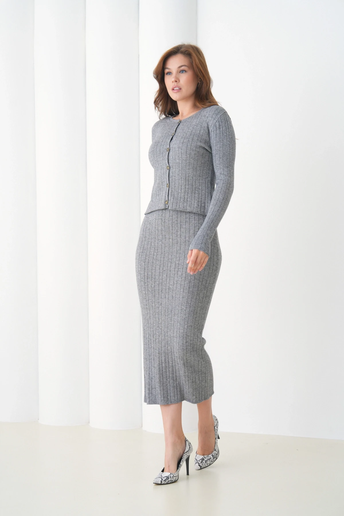 Kadın bisiklet Yaka Düğme Kapama Kaşkorse Ceket Elbise İkili Triko Takım