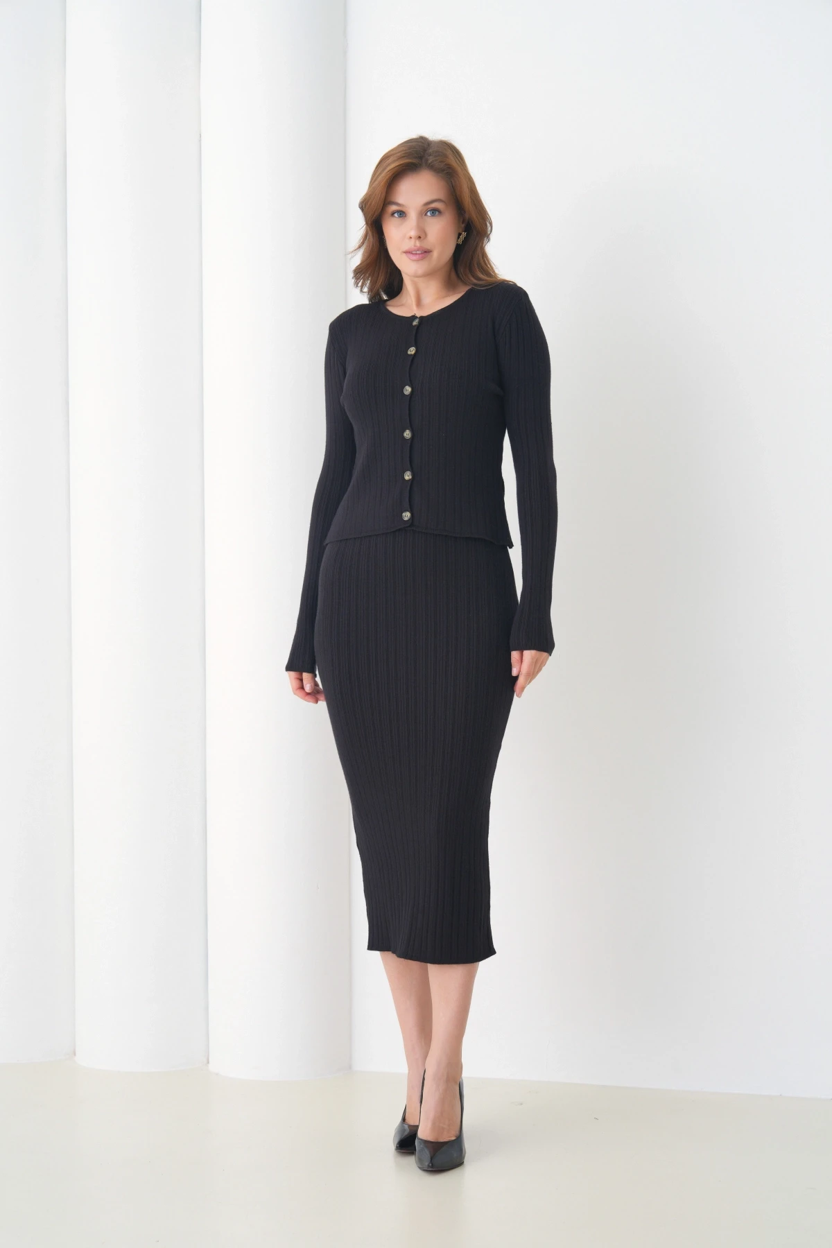 Kadın bisiklet Yaka Düğme Kapama Kaşkorse Ceket Elbise İkili Triko Takım