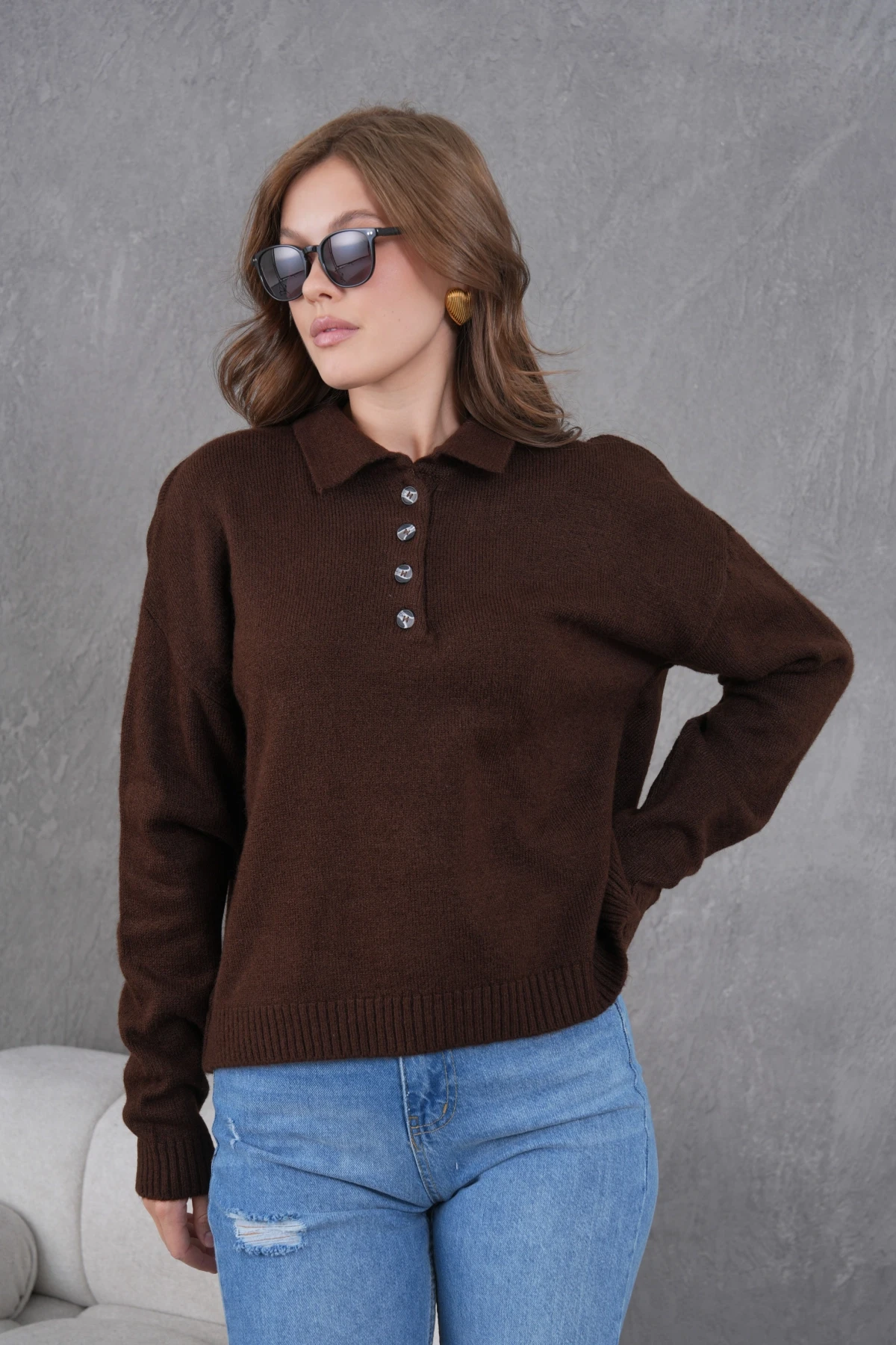Kadınpolo Yaka Yarım Pat Düğme Salaş Triko Kazak