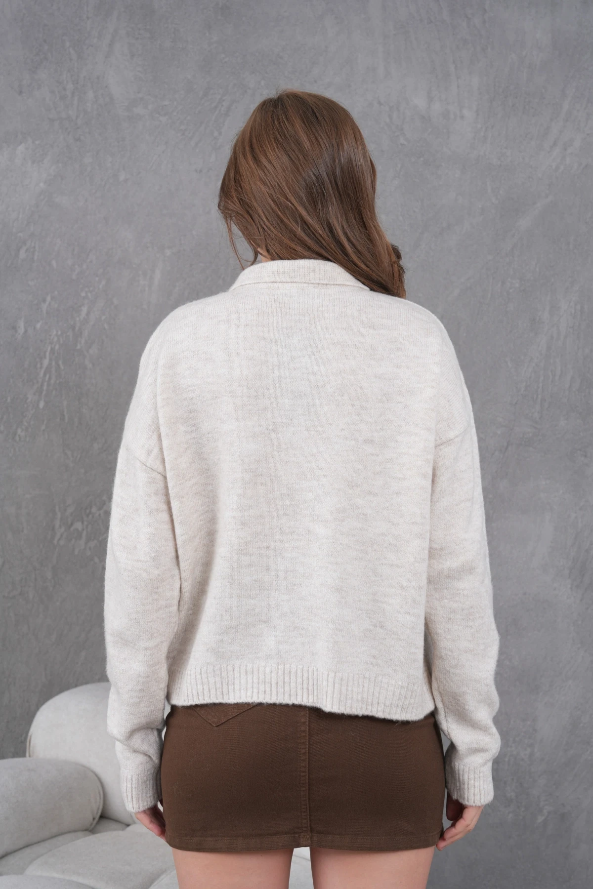 Kadınpolo Yaka Yarım Pat Düğme Salaş Triko Kazak