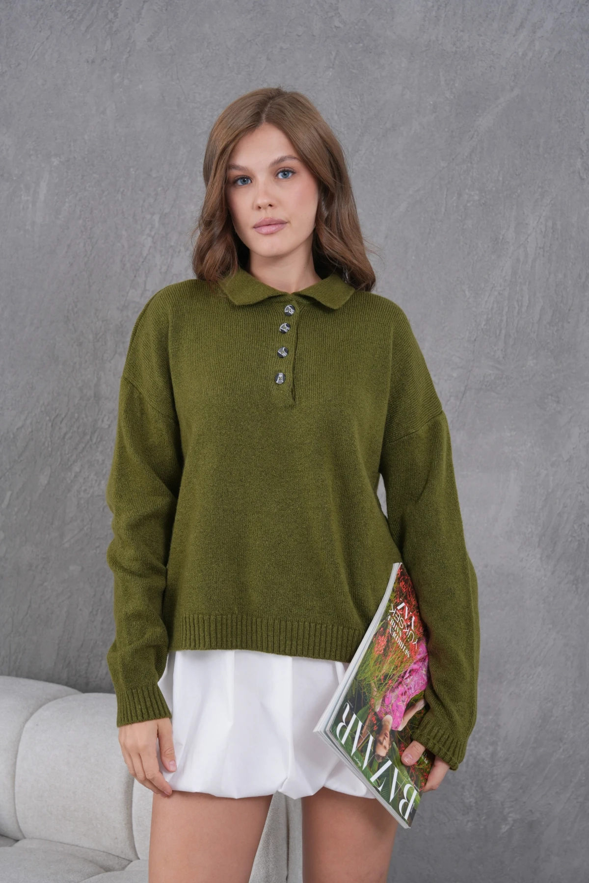 Kadınpolo Yaka Yarım Pat Düğme Salaş Triko Kazak