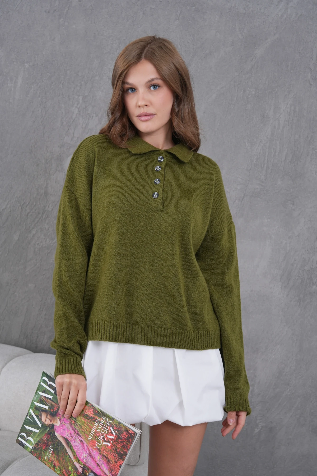 Kadınpolo Yaka Yarım Pat Düğme Salaş Triko Kazak