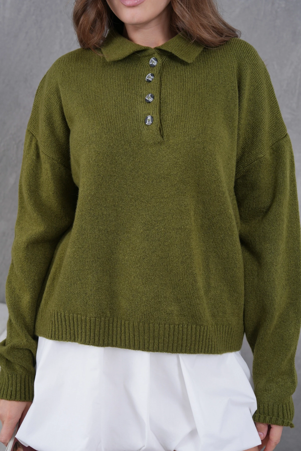 Kadınpolo Yaka Yarım Pat Düğme Salaş Triko Kazak