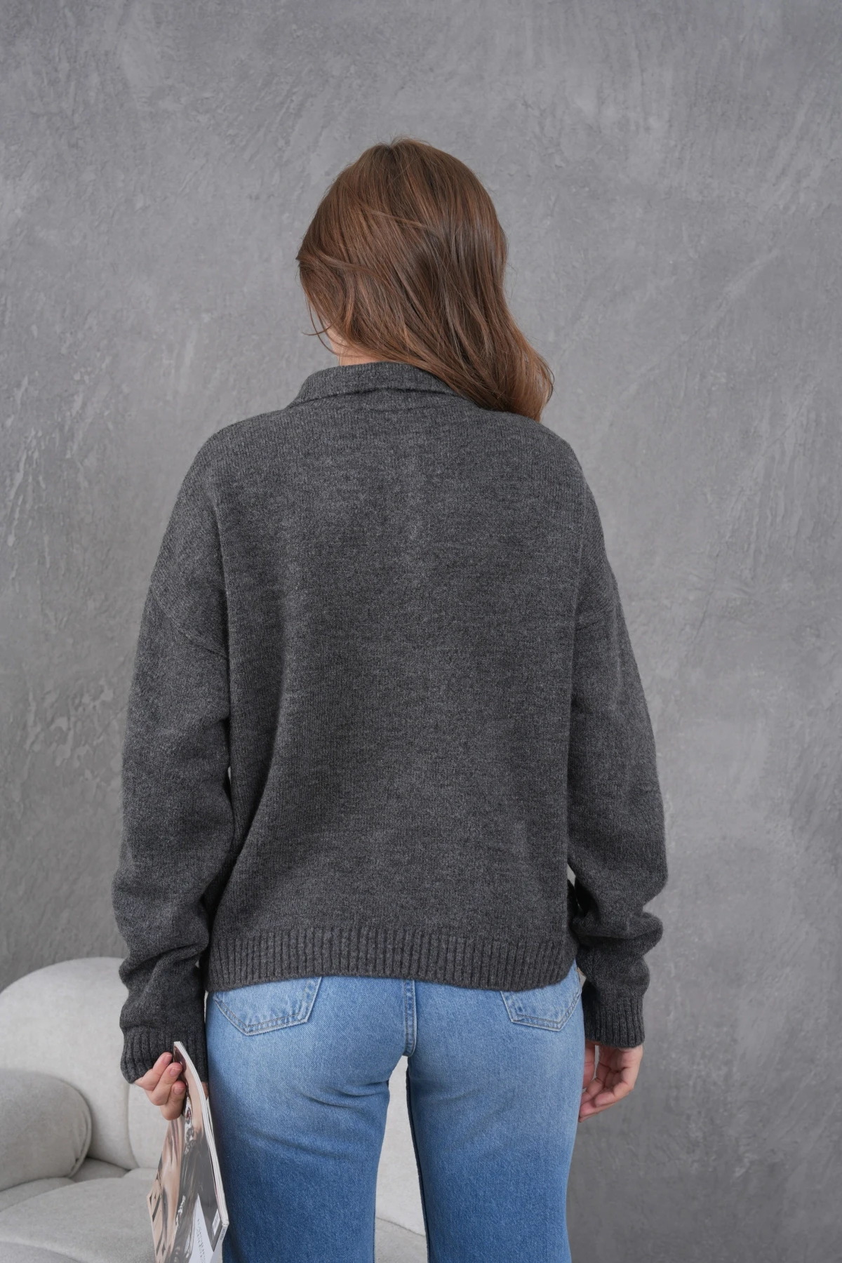 Kadınpolo Yaka Yarım Pat Düğme Salaş Triko Kazak