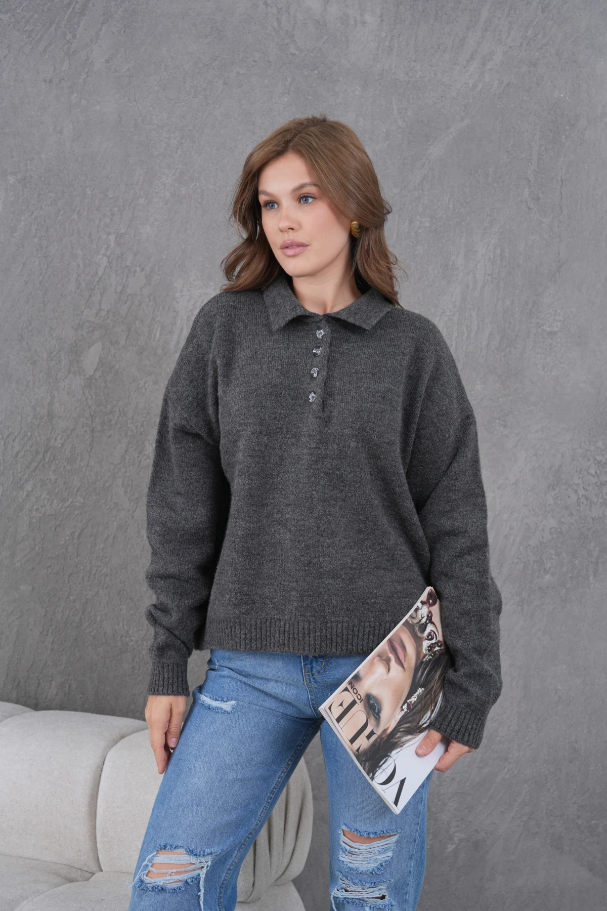 Kadınpolo Yaka Yarım Pat Düğme Salaş Triko Kazak