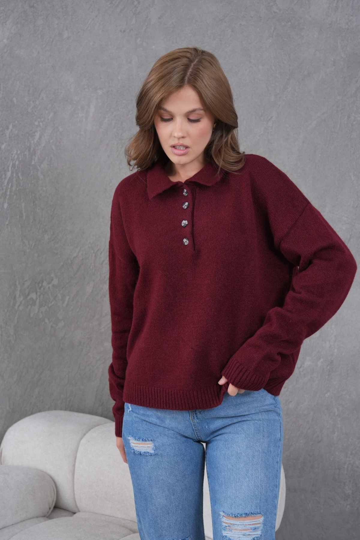 Kadınpolo Yaka Yarım Pat Düğme Salaş Triko Kazak