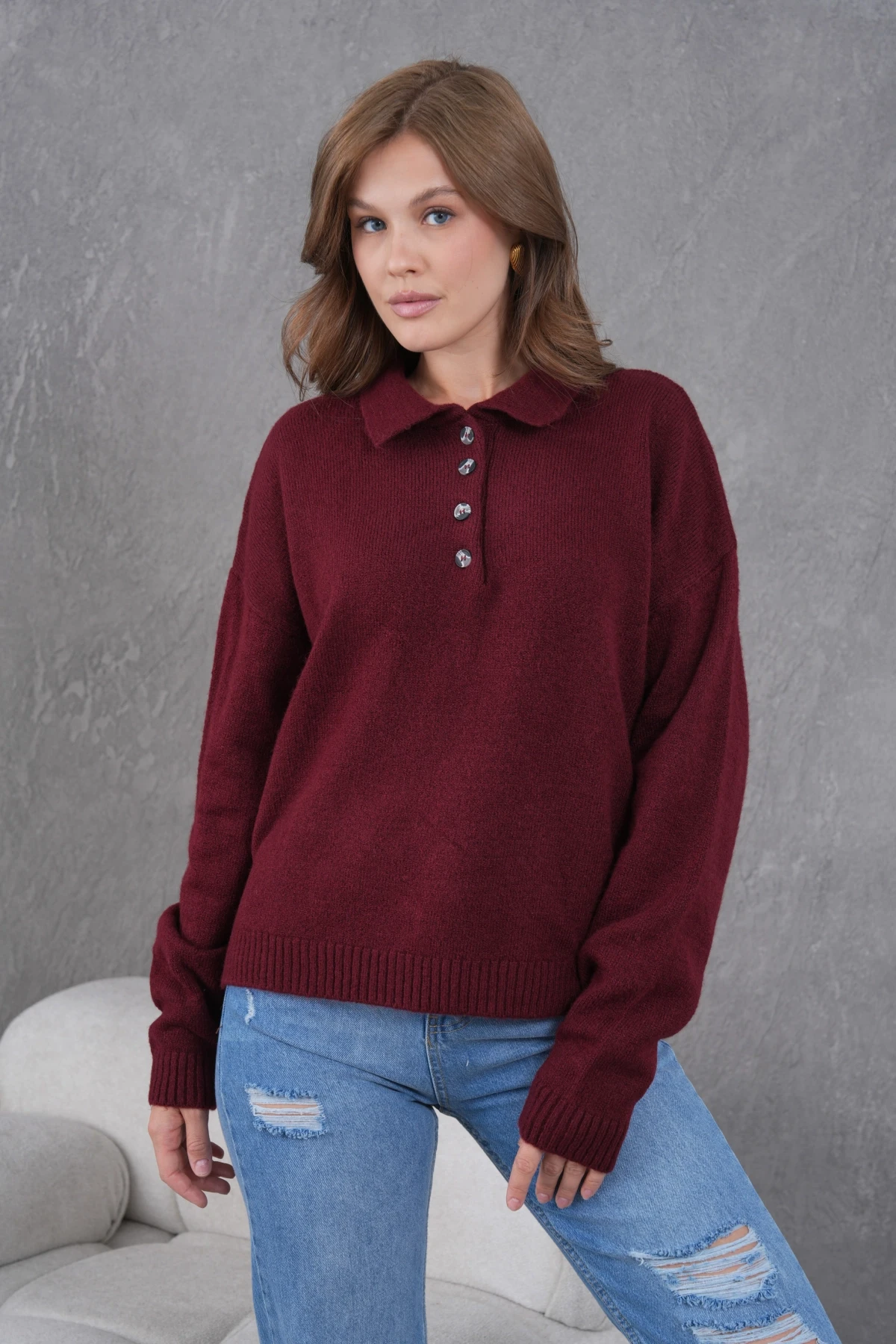 Kadınpolo Yaka Yarım Pat Düğme Salaş Triko Kazak