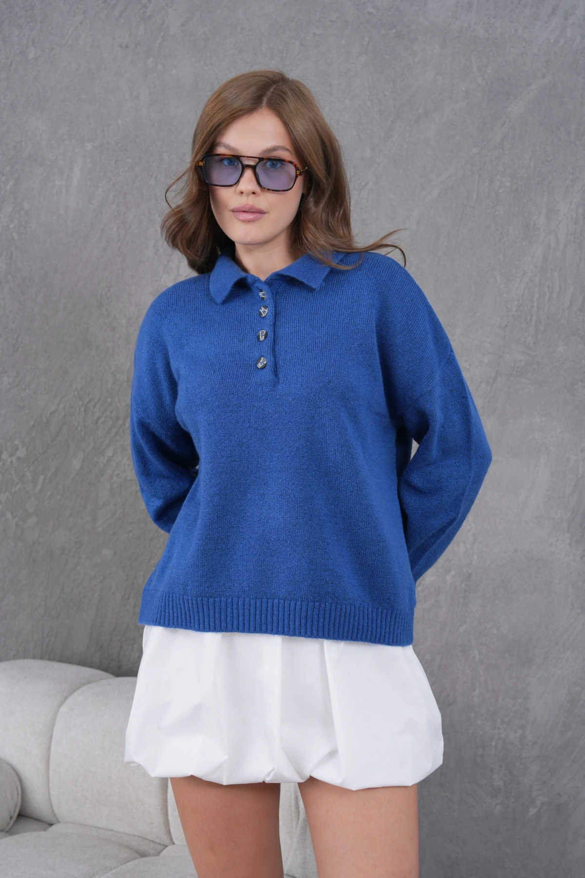 Kadınpolo Yaka Yarım Pat Düğme Salaş Triko Kazak