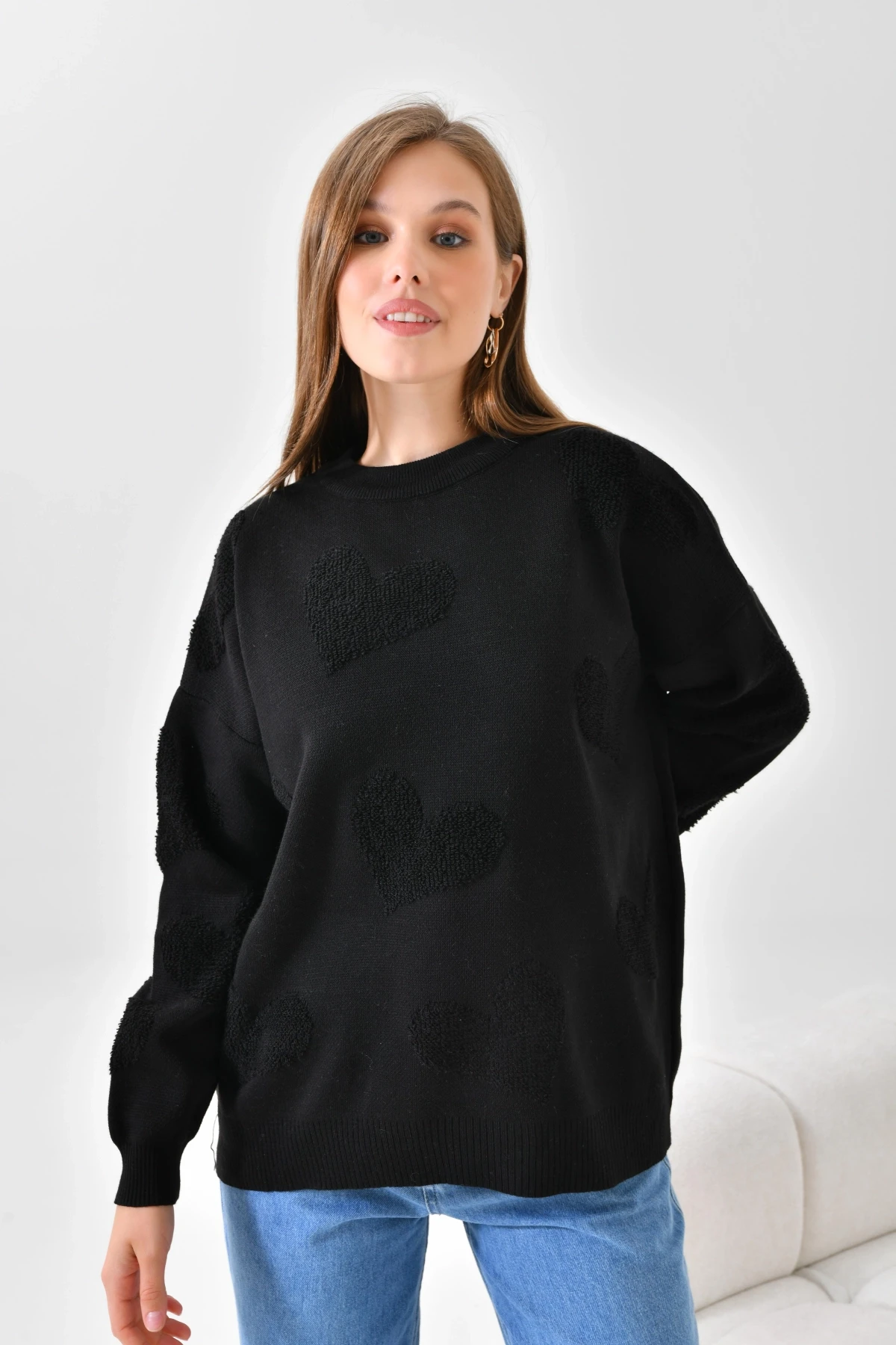 Kalp Desenli İnce Oversize Triko Kazak