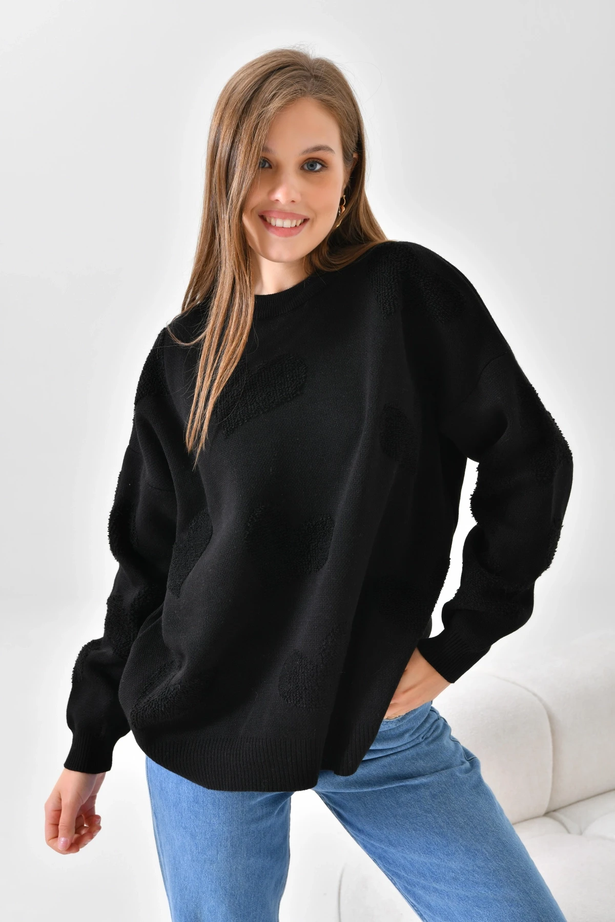 Kalp Desenli İnce Oversize Triko Kazak