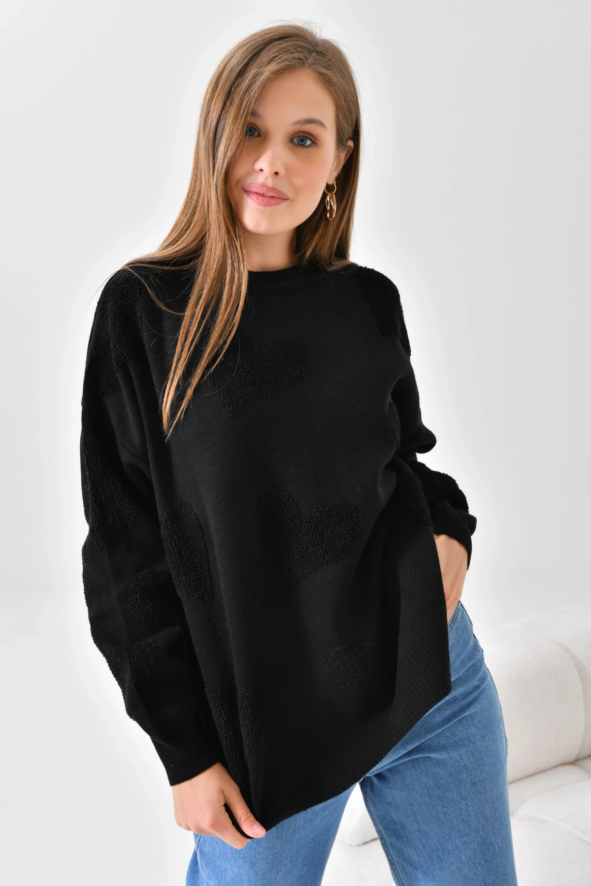 Kalp Desenli İnce Oversize Triko Kazak