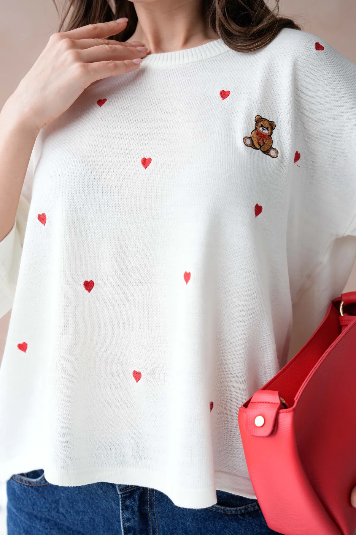 Kadın Bisiklet Yaka Nakış Detaylı Oversize Triko Kazak 10140