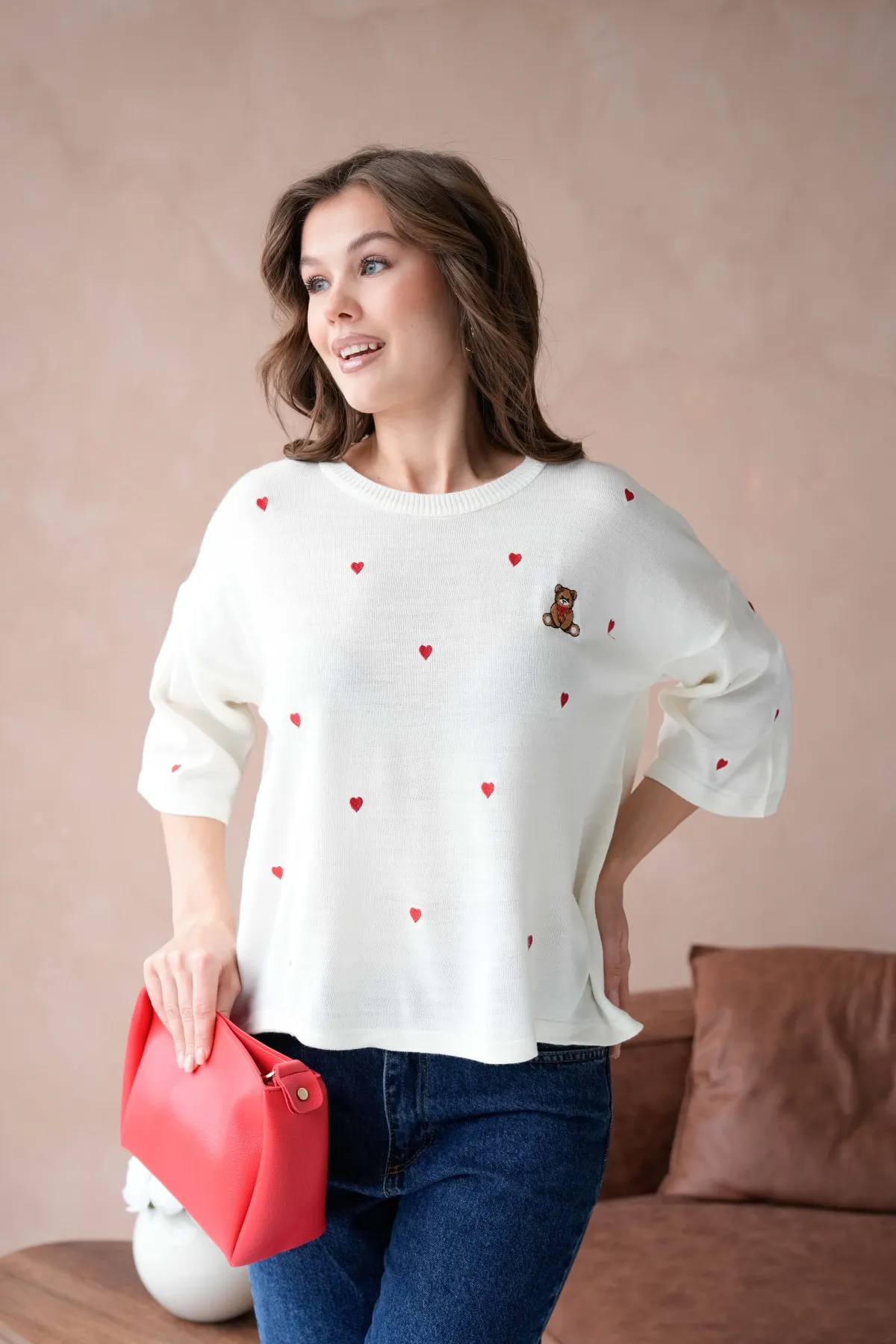 Kadın Bisiklet Yaka Nakış Detaylı Oversize Triko Kazak 10140