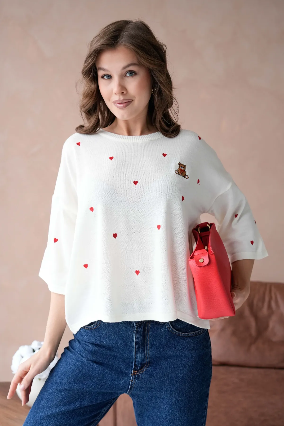 Kadın Bisiklet Yaka Nakış Detaylı Oversize Triko Kazak 10140