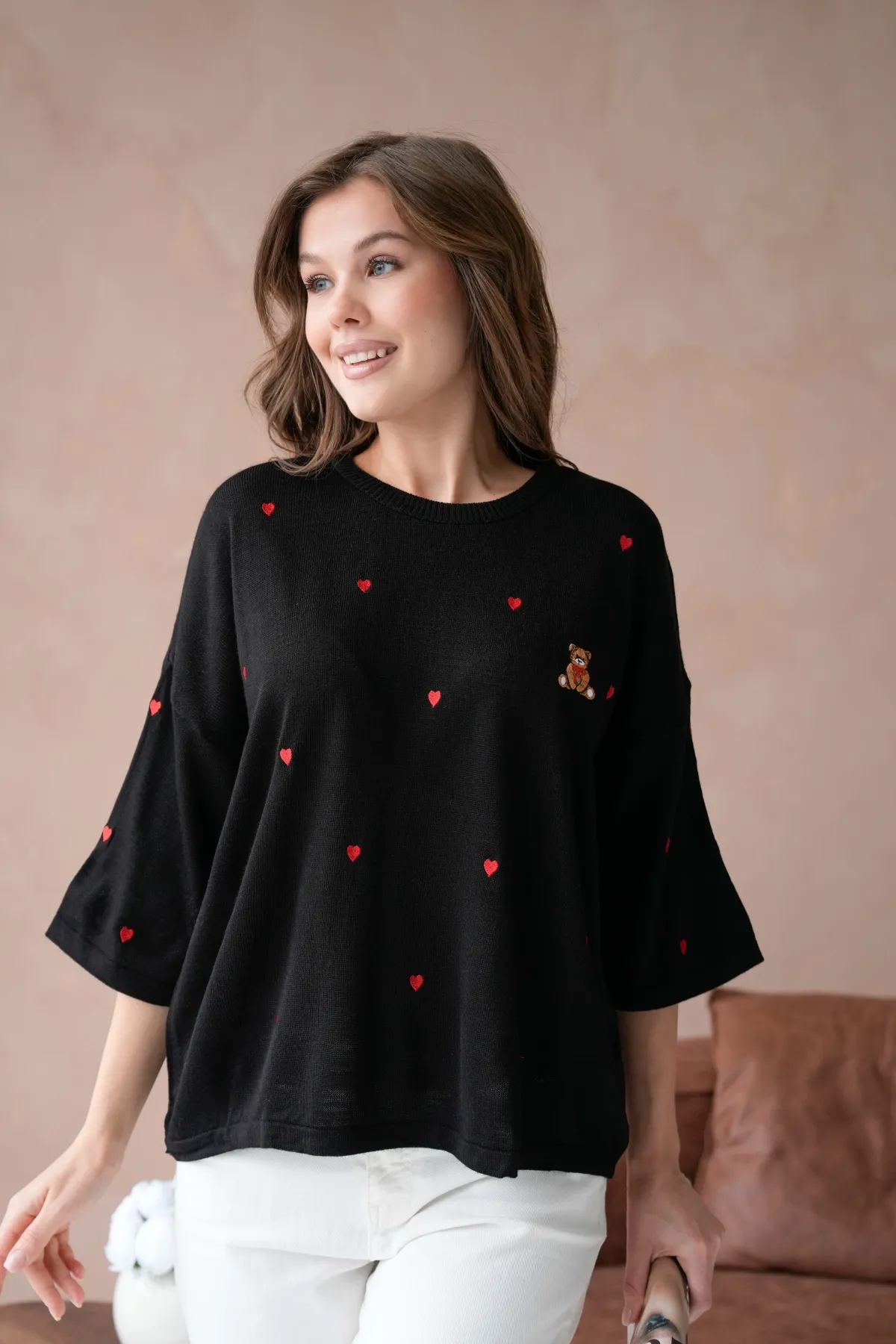 Kadın Bisiklet Yaka Nakış Detaylı Oversize Triko Kazak 10140